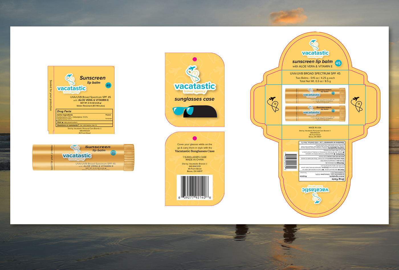 versions of vacatastic logo with beachy background
